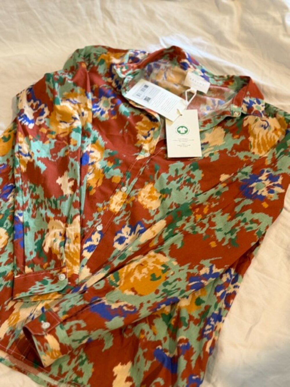 NWT Sézane Pierro Shirt in Fleurs Chinées Camel, Organic Cotton, Size 36 / US 4 - Picture 2 of 6
